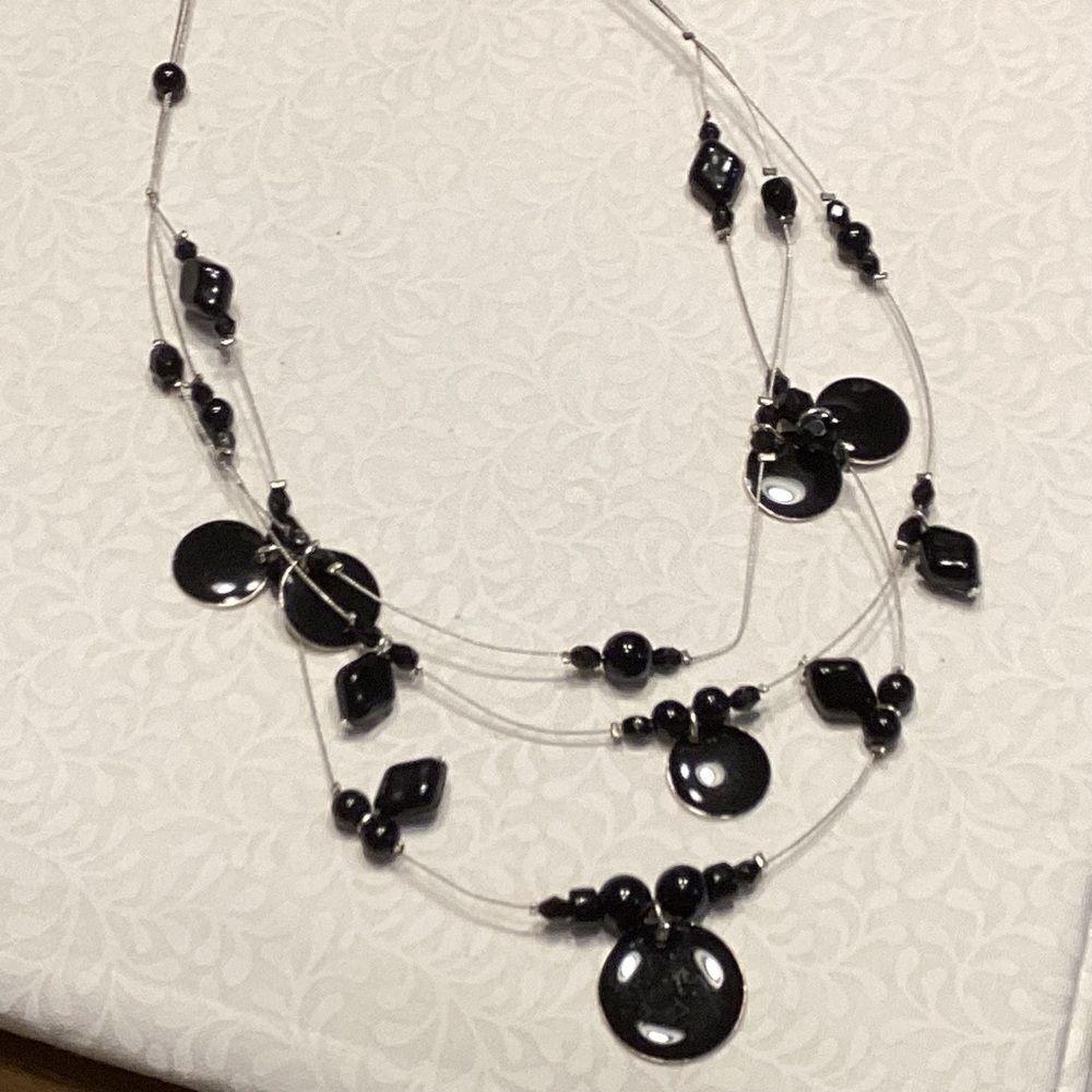 Multi-Strand Black Beaded Necklace on Silvertone Wire